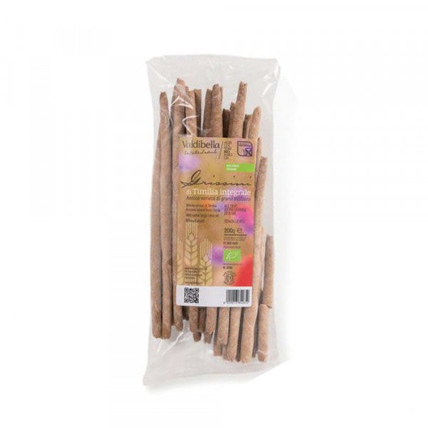 Grissini di Timilia integrale Bio, 200 g. Grissini aus einer alten sizilianischen Weizensorte, mit Olivenöl extra vergine, ohne Hefe, von der Kooperative Valdibella. Ein idealer, schmackhafter Snack.