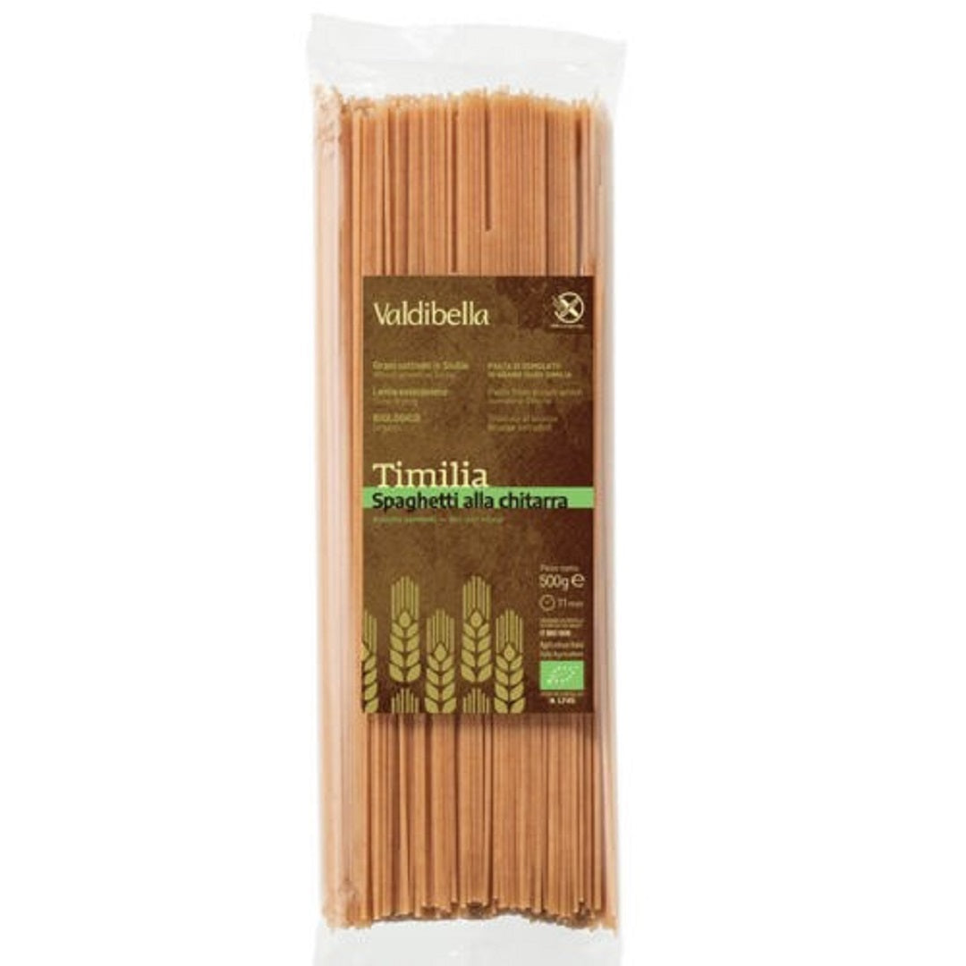 Bio Spaghetti alla chitarra Artigianali Timilia 500 g im Beutel.Spaghetti mit quadratischem Durchschnitt.Neue Studien belegen, dass die hohe Konzentration von Ballaststoffen im Timilia-Korn es aus Ernährungssicht besonders wertvoll machen. Darüber hinaus ist das Korn aufgrund seines niedrigen Glutengehalts gut verdaulich und verträglich.