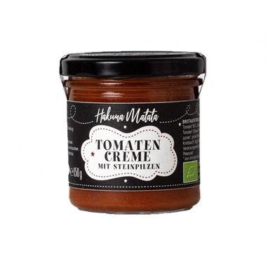 Schmackhafter Brotaufstrich aus Tomaten und getrockneten Steinpilzen Ein fast perfekter Brotaufstrich: Mediterrane Geschmacksnoten aus frischen und getrockneten Tomaten kombiniert mit edlen Steinpilzen. Mehr Geschmack geht nicht! Empfehlenswert auf frisch geröstetem Brot, lauwarm, mit Knoblauch und etwas gutem Olivenöl eingerieben. Eine wunderbare Vorspeise.
