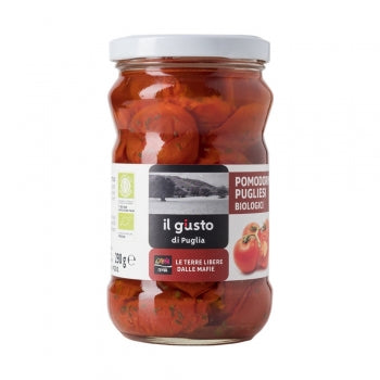 Pomodorini Pugliesi Semisecchi Bio, 1 Glas, 290 g. Bio Halbgetrocknete Cocktailtomaten aus Apulien in Öl   Die Bio-Cocktailtomaten von Libera Terra wachsen im Alto Salento in Apulien, wenige Kilometer vom Meer entfernt.  Die Ernte erfolgt von Hand im Laufe des Monats Juli.
