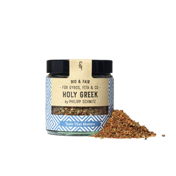 HOLY GREEK Bio-Gewürz für die griechische Küche, 45g im Glas. Majoran und Oregano bilden das Aroma-Fundament auf dem sich Paprika, Rauchsalz und Sumach ergänzend aufbauen. Diese Gewürzmischung eignet sich sehr gut für alles Kurzgegrillte, ideal natürlich für das berühmte Souvlaki.  Aber auch Feta-Gerichte, Gyros oder die klassische Moussaka, diese Mischung macht schon beim Öffnen des Glases Appetit auf griechische Speisen.  Ein Allrounder für die Fleischküche mit dem besonderen Aromenkick.