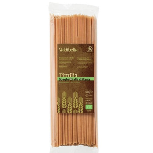Bio Spaghetti alla chitarra Artigianali Timilia 500 g im Beutel.Spaghetti mit quadratischem Durchschnitt.Neue Studien belegen, dass die hohe Konzentration von Ballaststoffen im Timilia-Korn es aus Ernährungssicht besonders wertvoll machen.  Darüber hinaus ist das Korn aufgrund seines niedrigen Glutengehalts gut verdaulich und verträglich. 