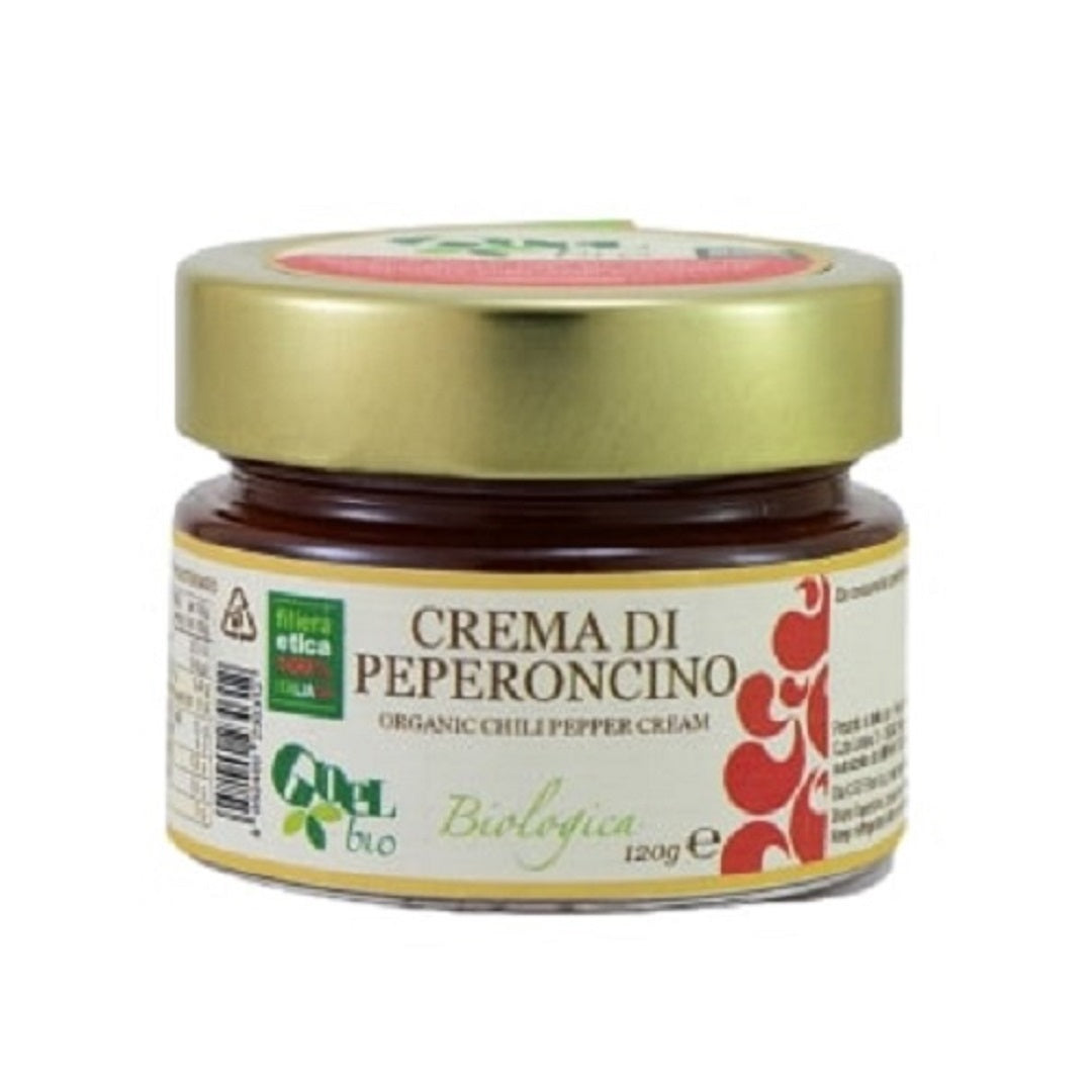 Crema di Peperoncino biologico, 1 Glas, 120 g. Eine pikante Chili-Würzsauce aus Kalabrien mit einem Chilianteil von über 91%. Ohne Olivenöl, nur purer Geschmack.  Die Creme hat eine gut verträgliche, sehr angenehme und ausgewogene Grundschärfe.