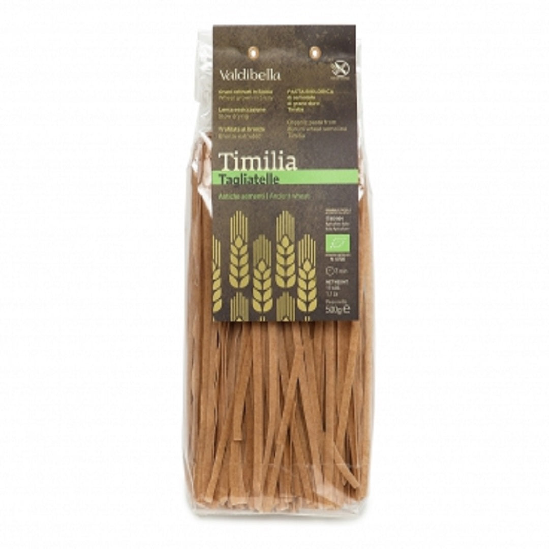 Bio Tagliatelle Artigianali Timilia, 500 g im Beutel. Kochzeit nur 3 Minuten. Hartweizennudeln der Kooperative Valdibella, hergestellt aus der alten sizilianischen Weizensorte Tumminia, seit Jahrhunderten das Getreide der sizilianischen Bauern.